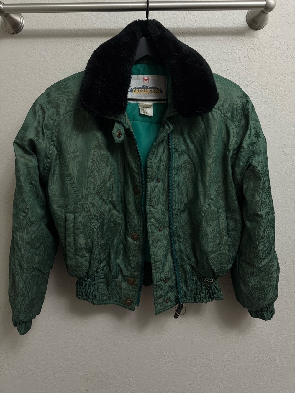 Obermeyer vintage Forest Green Bomber Jacket with Black Faux Fur Collar